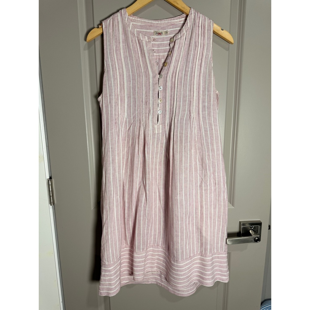 Faherty Linen Blend Striped Sleeveless Pintuck Dress Red White Small Pockets